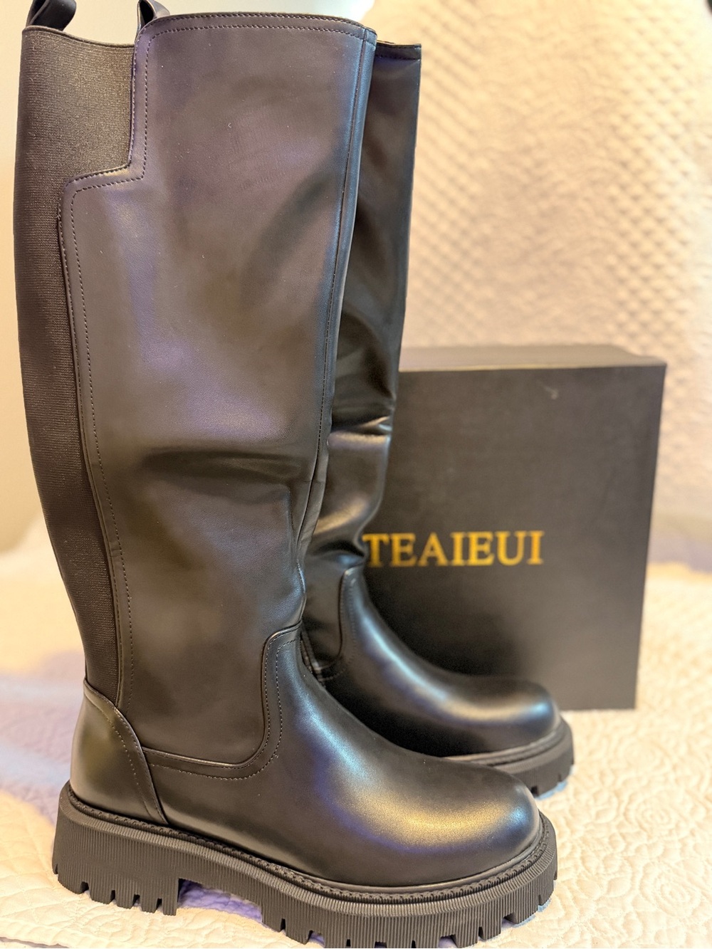 Black Knee-High Lug Sole Boots
